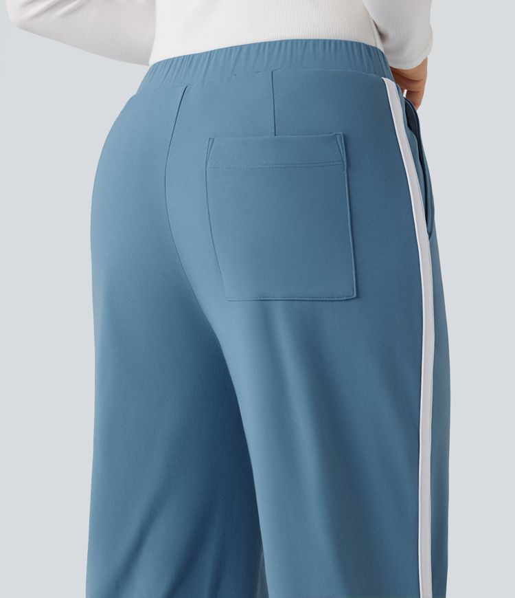 Mid Rise Side Stripe Split Bow Casual Straight-leg Pants with Pockets