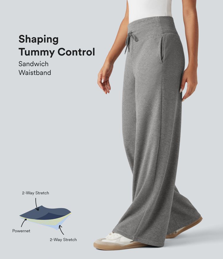 Ribbed Knit SoCinched High Waisted Tummy Control Drawstring Casual Wide Leg Pants with Pockets