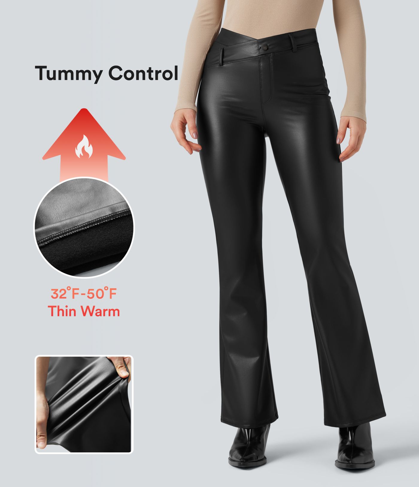 Asymmetric High Waisted Tummy Control Stretchy PU Fleece Casual Flare Pants with Pockets