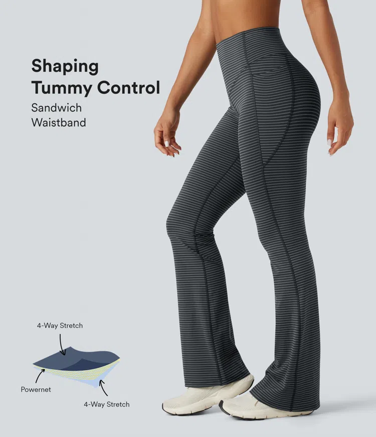 Steel Stripe High-waisted Tummy Control Striped Yoga Bootcut Legging with Pockets / 1