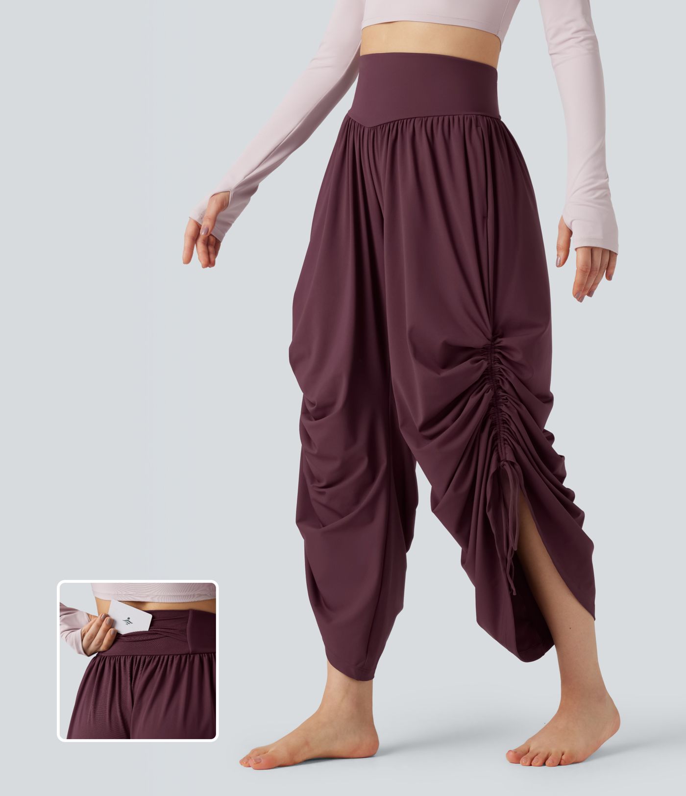 SoftlyZero™ Luftige, hoch taillierte Baggy-Yoga-Hose mit Kordelzug, Raffung und Taschen SoftlyZero™ Luftige, hoch taillierte Baggy-Yoga-Hose mit Kordelzug, Raffung und Taschen