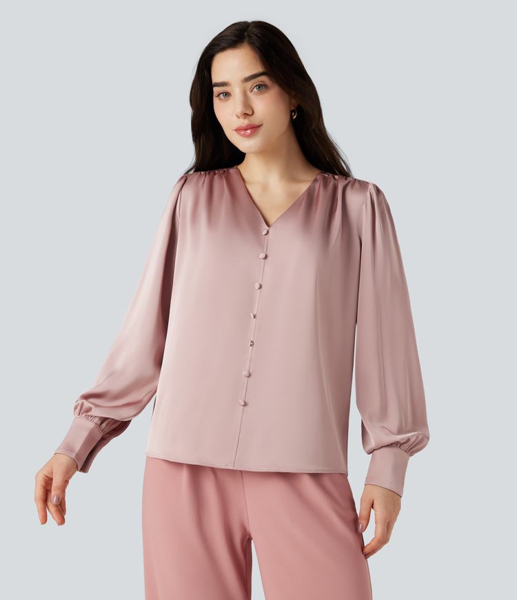 V Neck Puff Long Sleeve Work Shirt