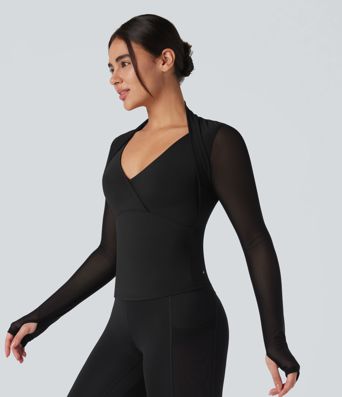SoftlyZero™ Plush Contrast Mesh Thumb Holes 2-in-1 Yoga Sports Top