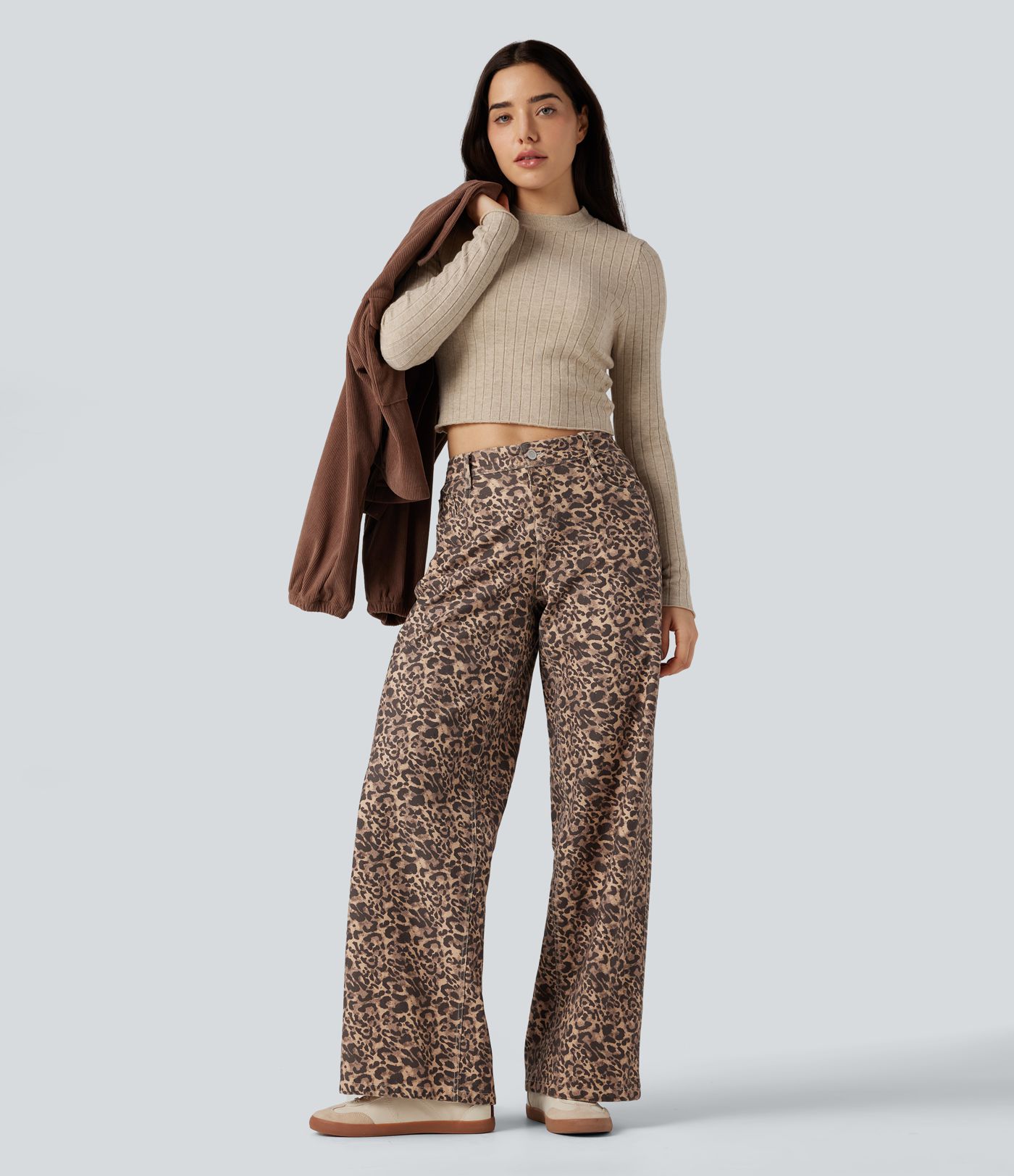 Pull court décontracté à col montant et manches longues