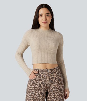 Pull court décontracté à col montant et manches longues