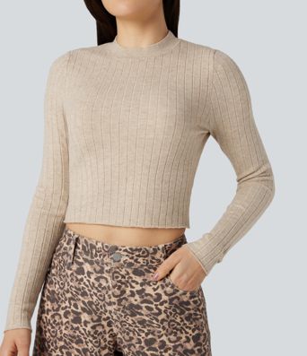 Pull court décontracté à col montant et manches longues