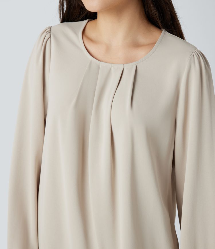 Round Neck Keyhole Back Puff Sleeve Curved Hem Relaxed Work Blouse