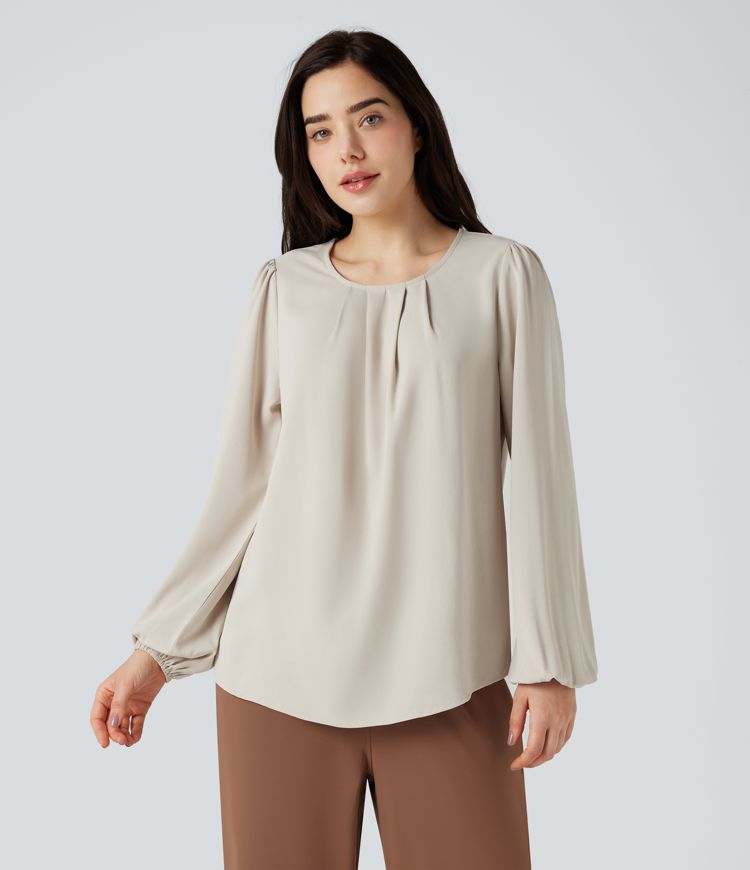 Round Neck Keyhole Back Puff Sleeve Curved Hem Relaxed Work Blouse