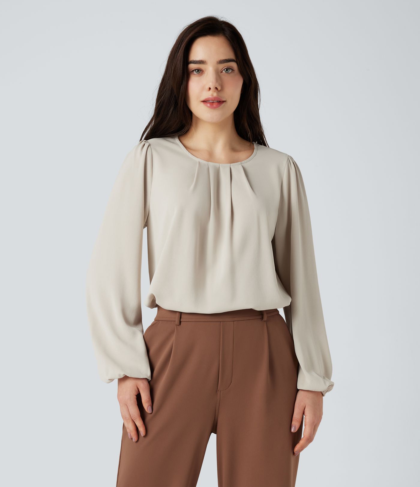 Round Neck Keyhole Back Puff Sleeve Curved Hem Relaxed Work Blouse