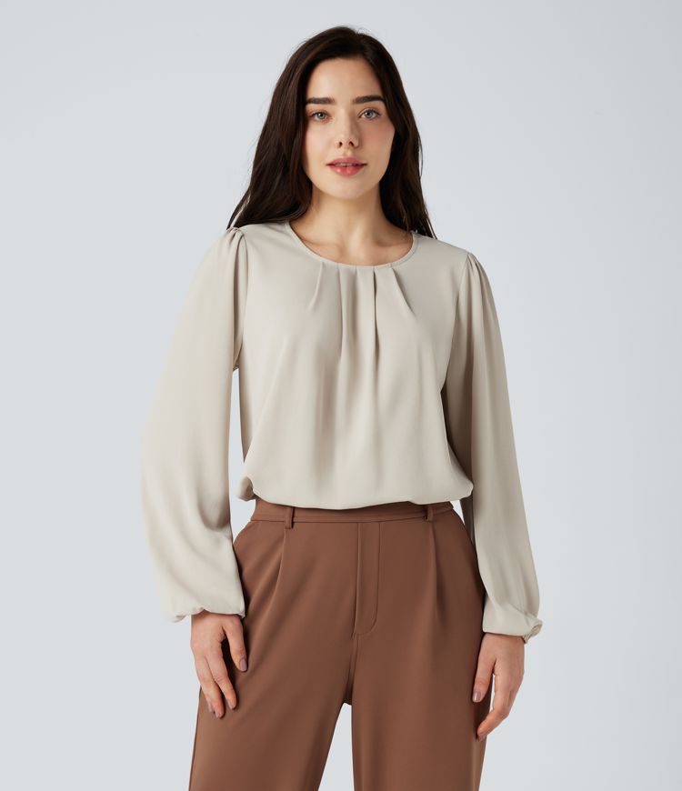 Round Neck Keyhole Back Puff Sleeve Curved Hem Relaxed Work Blouse