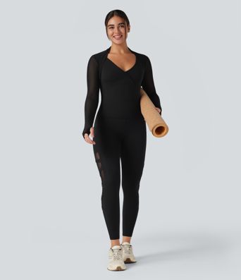 SoftlyZero™ Plush Contrast Mesh Thumb Holes 2-in-1 Yoga Sports Top