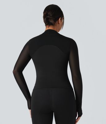 SoftlyZero™ Plush Contrast Mesh Thumb Holes 2-in-1 Yoga Sports Top