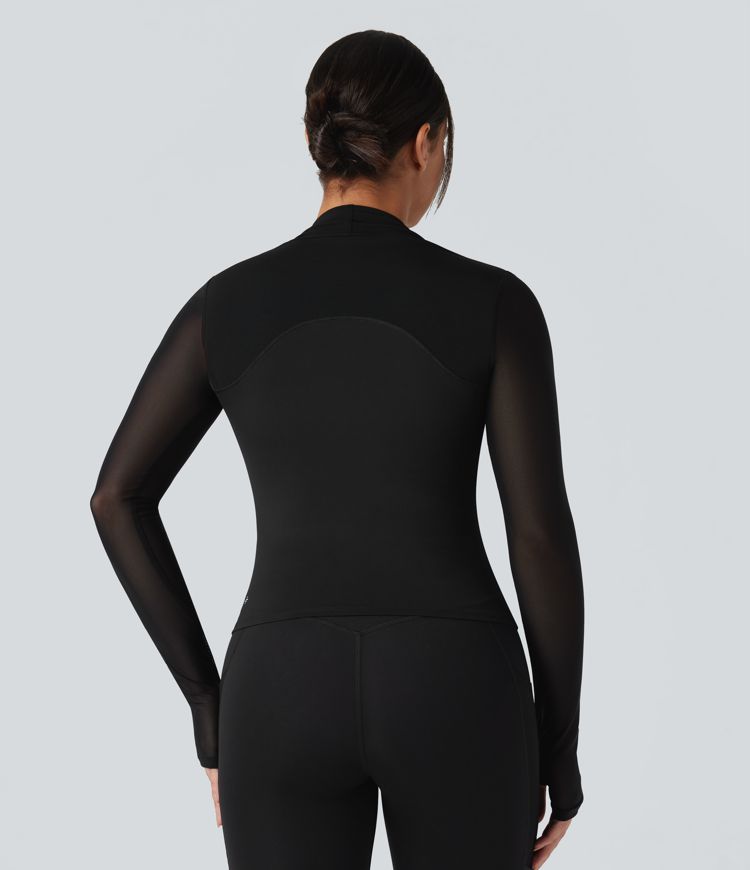 SoftlyZero™ Plush Contrast Mesh Thumb Holes 2-in-1 Yoga Sports Top