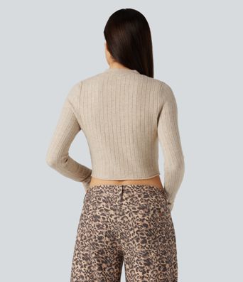 Pull court décontracté à col montant et manches longues