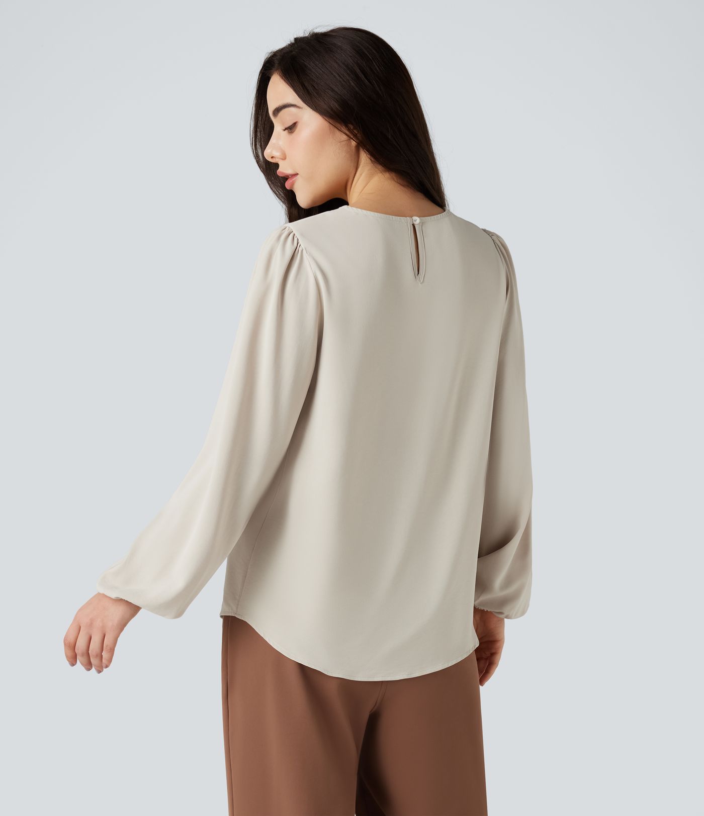 Round Neck Keyhole Back Puff Sleeve Curved Hem Relaxed Work Blouse