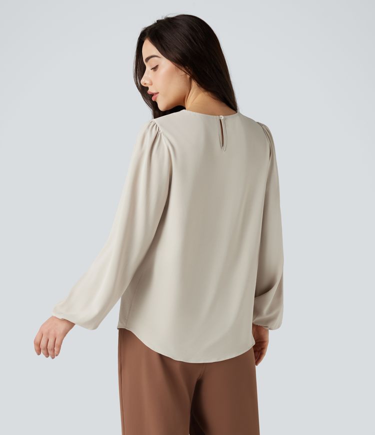 Round Neck Keyhole Back Puff Sleeve Curved Hem Relaxed Work Blouse