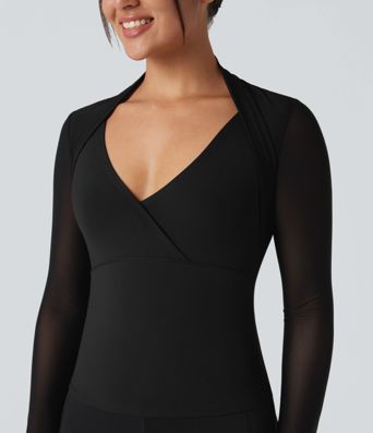 SoftlyZero™ Plush Contrast Mesh Thumb Holes 2-in-1 Yoga Sports Top