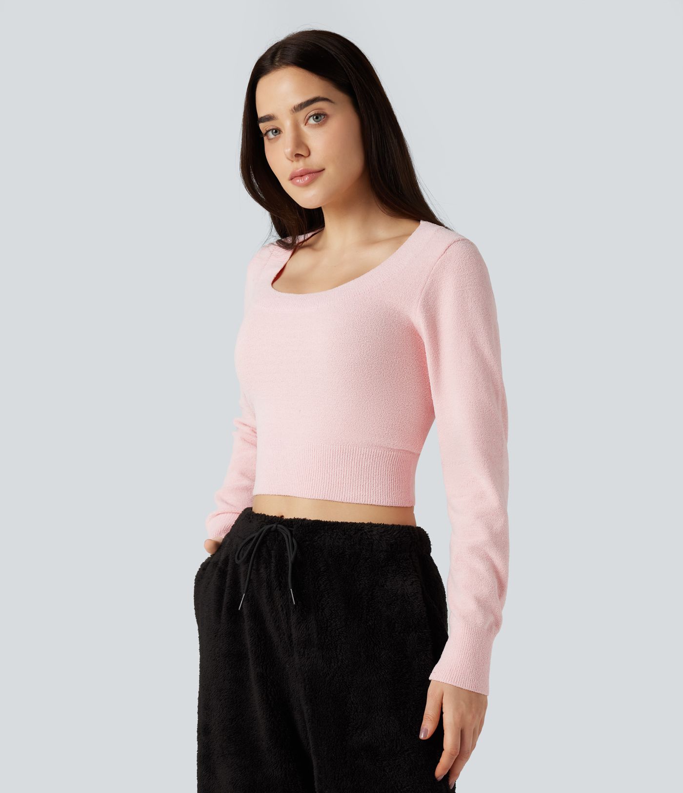 U-Neck Long Sleeve Cropped Casual Sweater