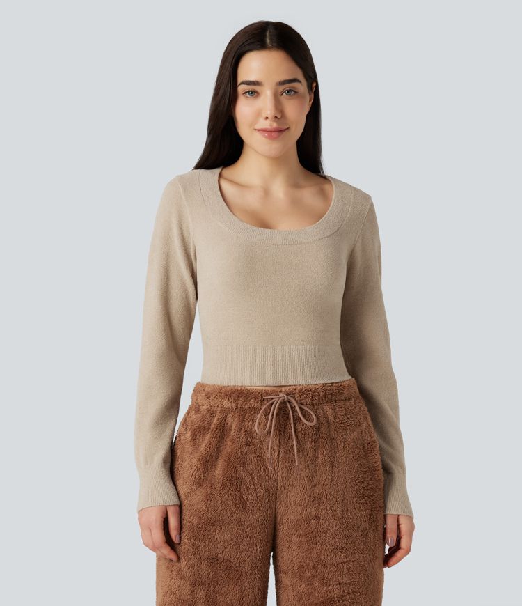 U-Neck Long Sleeve Cropped Casual Jumper