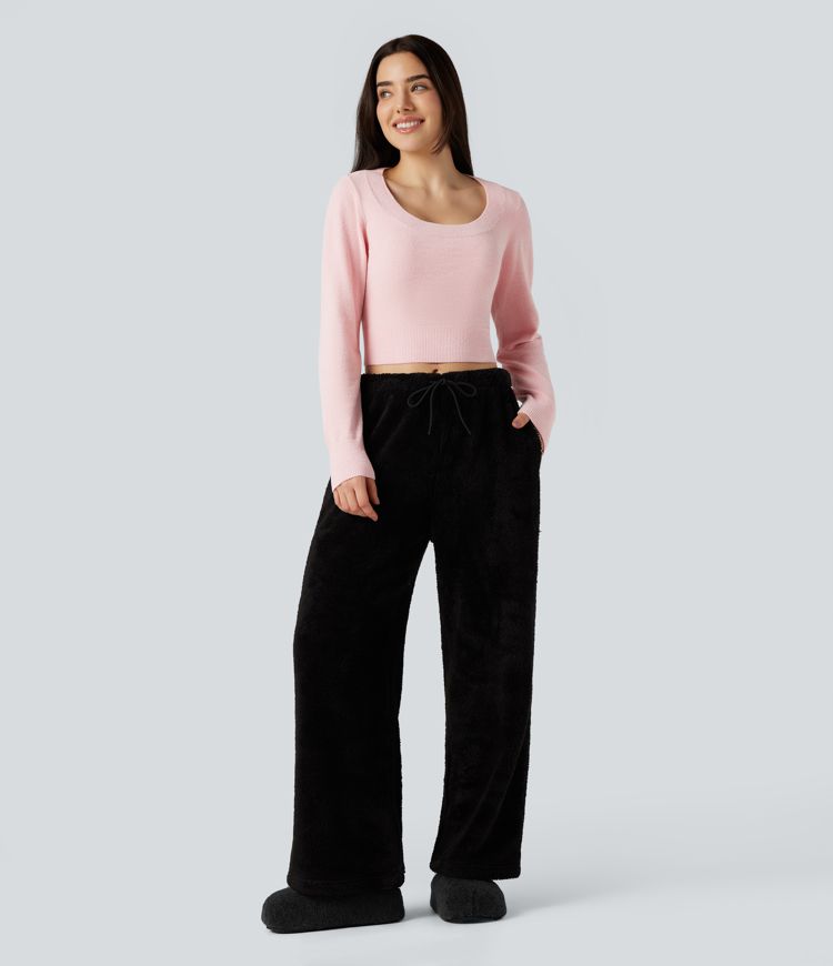 U-Neck Long Sleeve Cropped Casual Sweater
