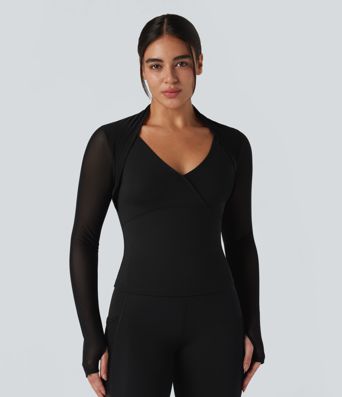 SoftlyZero™ Plush Contrast Mesh Thumb Holes 2-in-1 Yoga Sports Top