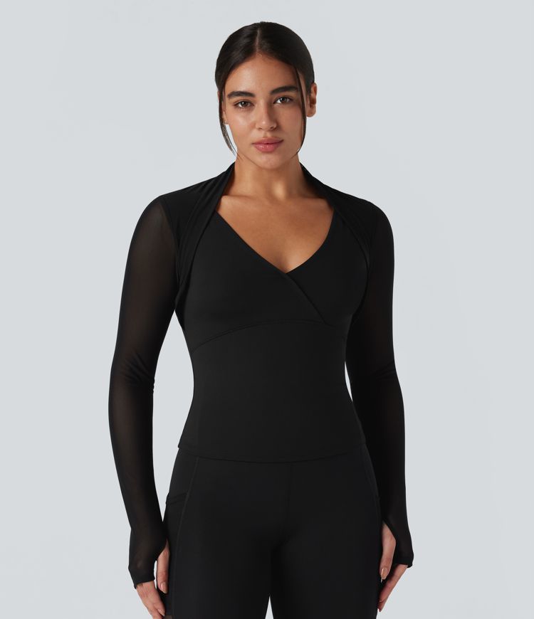 SoftlyZero™ Plush Contrast Mesh Thumb Holes 2-in-1 Yoga Sports Top