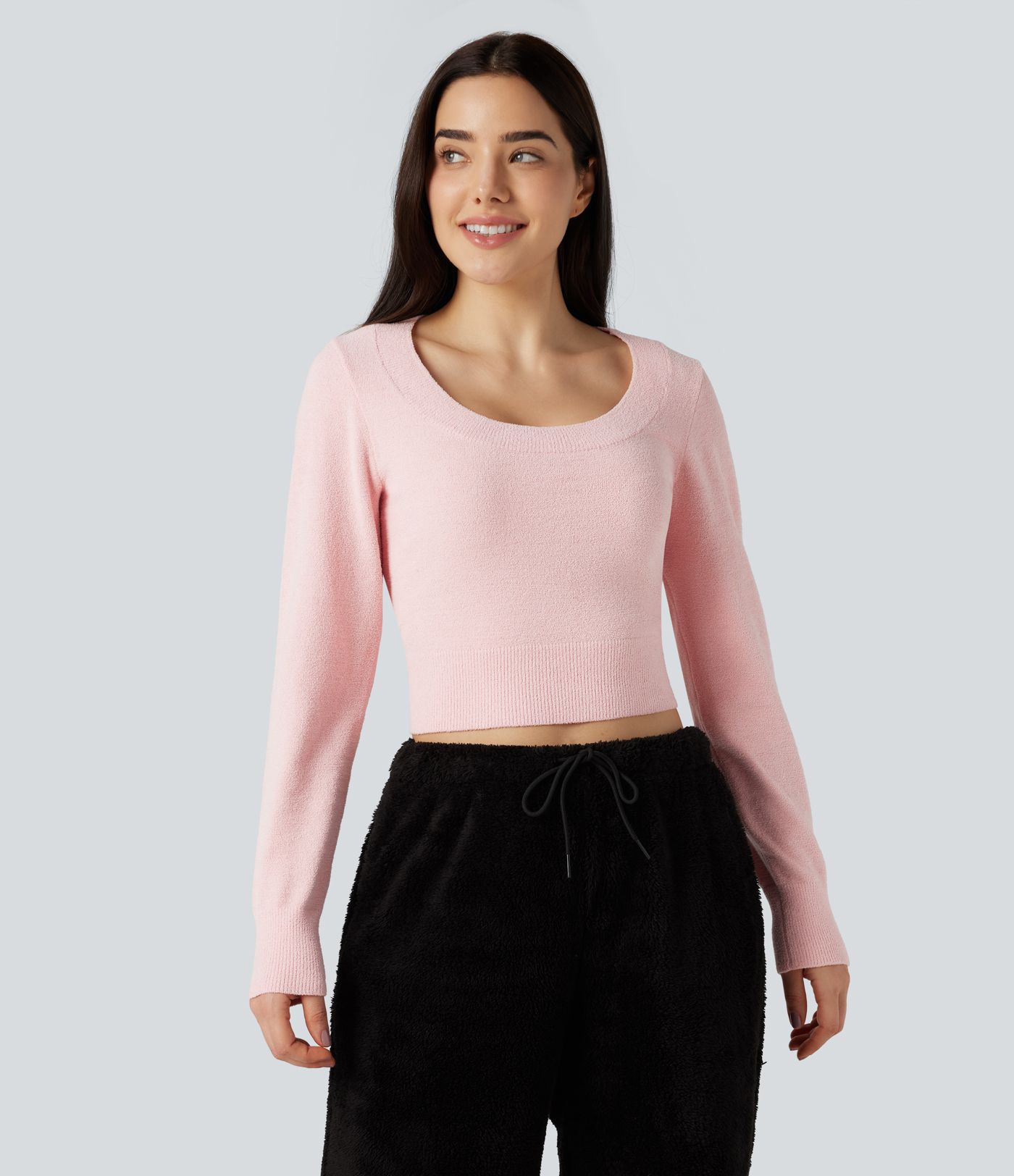 U-Neck Long Sleeve Cropped Casual Sweater
