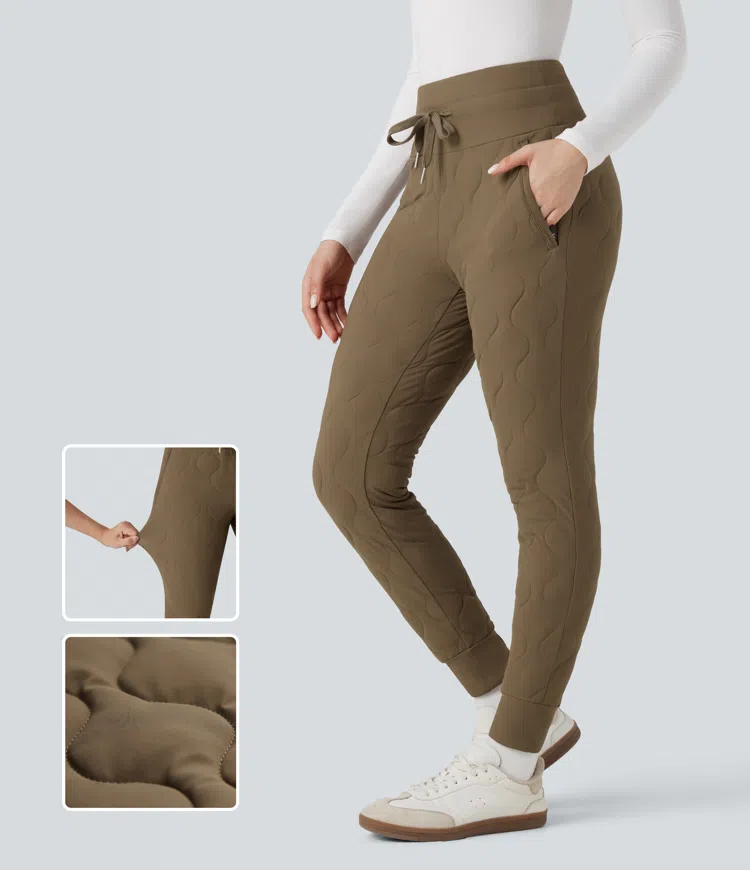 Chestnut Brown PuffFlex High Waisted Drawstring Casual Quilted Joggers with Pockets / 1