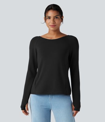 SpacerTek™ Backless Twisted Long Sleeve Thumb Holes Casual Sweatshirt with Pockets