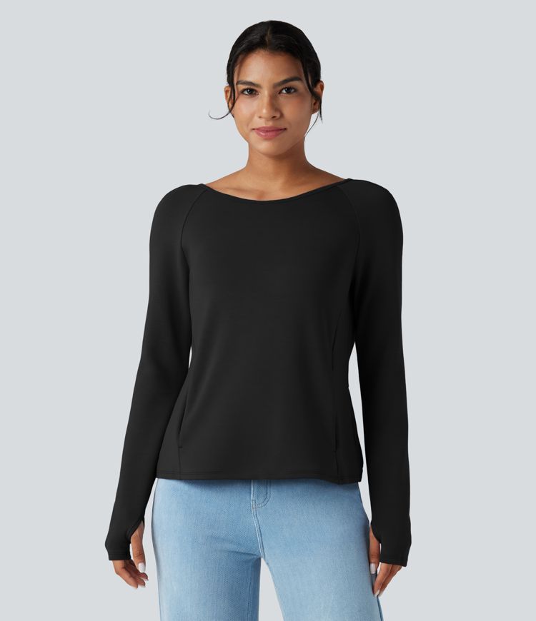 SpacerTek™ Backless Twisted Long Sleeve Thumb Holes Casual Sweatshirt with Pockets