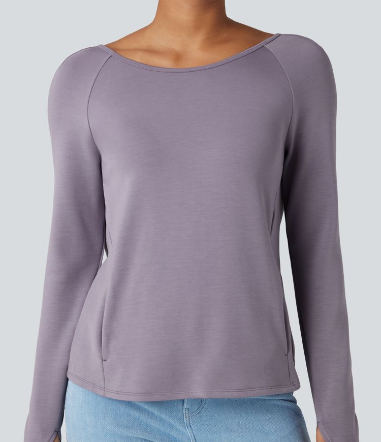 Sweat-shirt décontracté SpacerTek™ dos nu, manches longues avec trous pour les pouces, avec poches