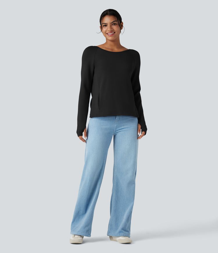 SpacerTek™ Backless Twisted Long Sleeve Thumb Holes Casual Sweatshirt with Pockets