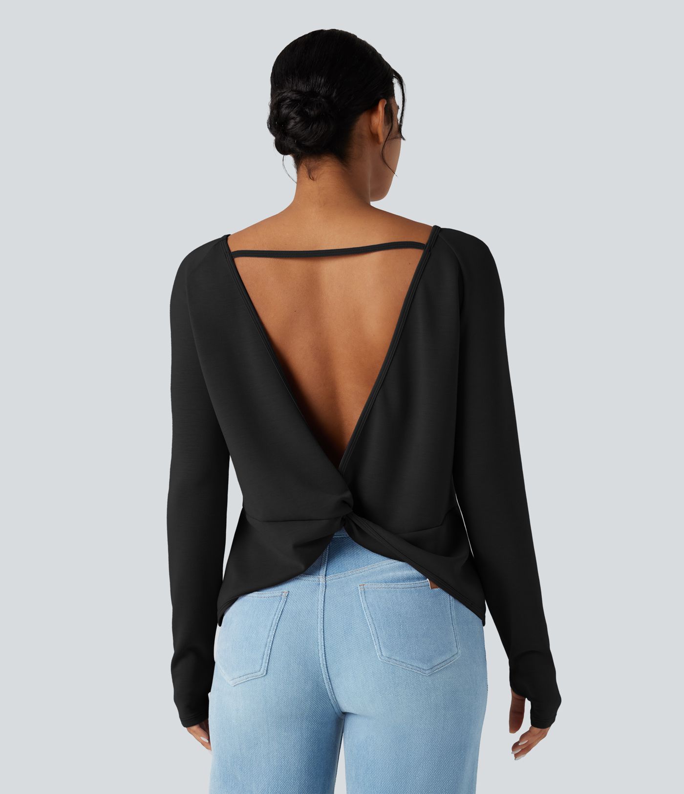 SpacerTek™ Backless Twisted Long Sleeve Thumb Holes Casual Sweatshirt with Pockets
