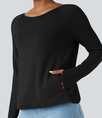 SpacerTek™ Backless Twisted Long Sleeve Thumb Holes Casual Sweatshirt with Pockets