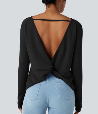 SpacerTek™ Backless Twisted Long Sleeve Thumb Holes Casual Sweatshirt with Pockets