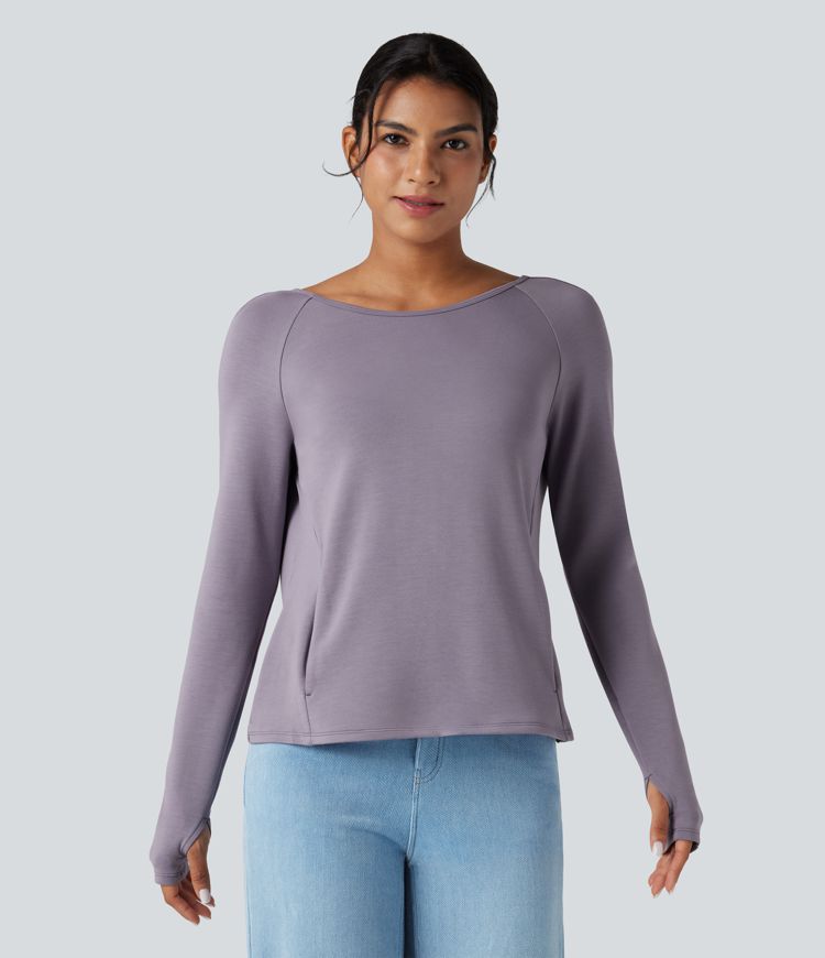 Sweat-shirt décontracté SpacerTek™ dos nu, manches longues avec trous pour les pouces, avec poches