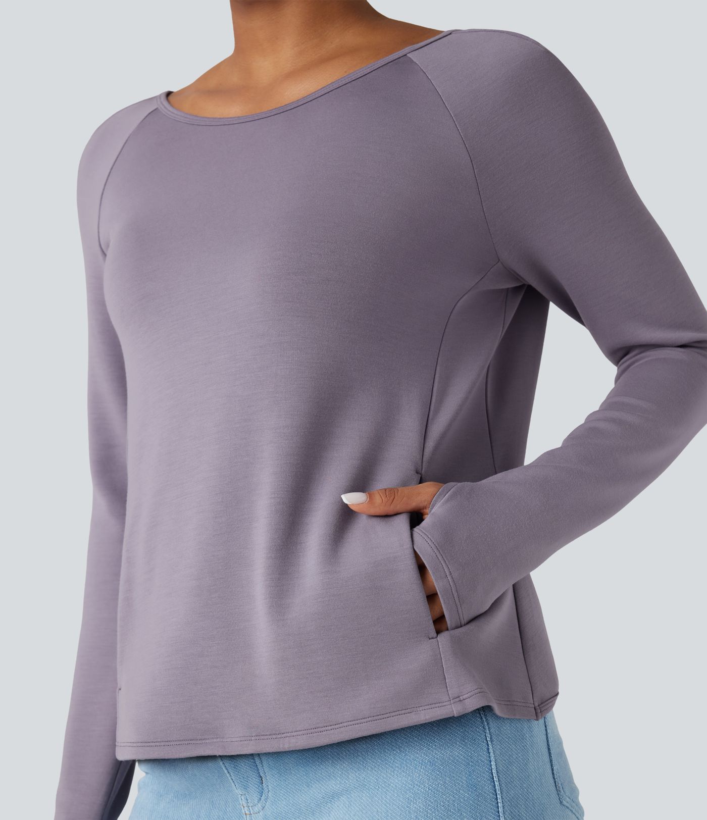 Sweat-shirt décontracté SpacerTek™ dos nu, manches longues avec trous pour les pouces, avec poches