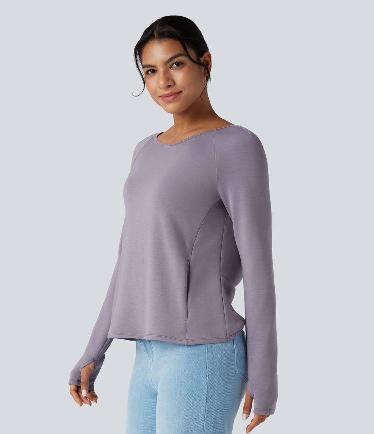 Sweat-shirt décontracté SpacerTek™ dos nu, manches longues avec trous pour les pouces, avec poches