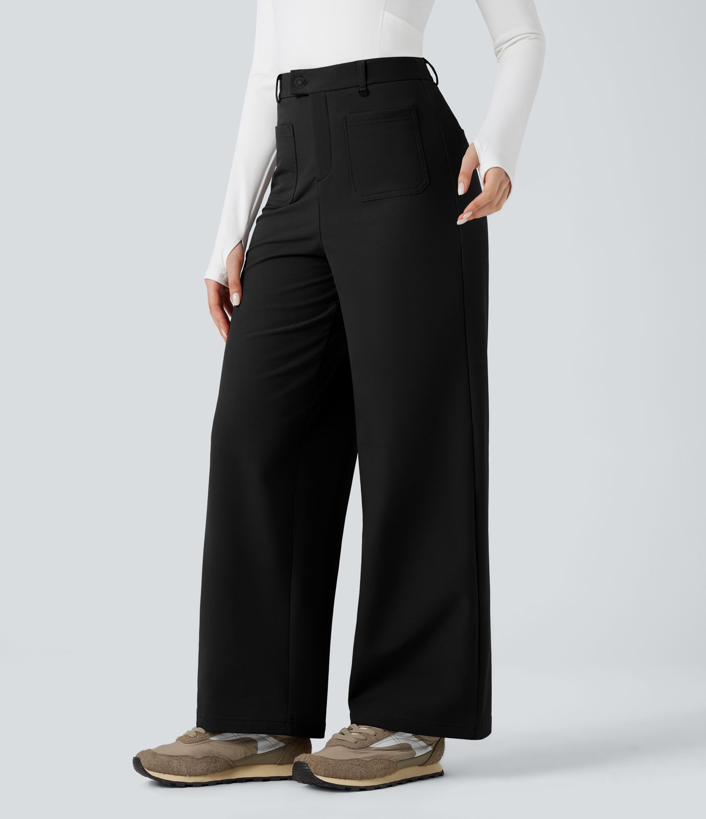 Durable Water Repellent Thermal High Waisted Hiking Wide Leg Pants with Pockets