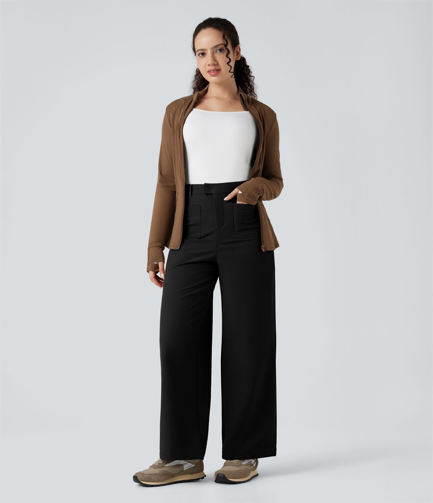 Durable Water Repellent Thermal High Waisted Hiking Wide Leg Pants with Pockets