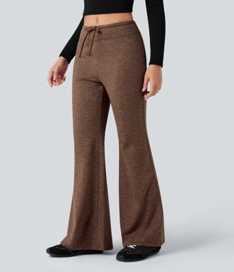 Mid Rise Drawstring Quick Dry Fleece Heathered Flare Lounging Pants-UPF40+