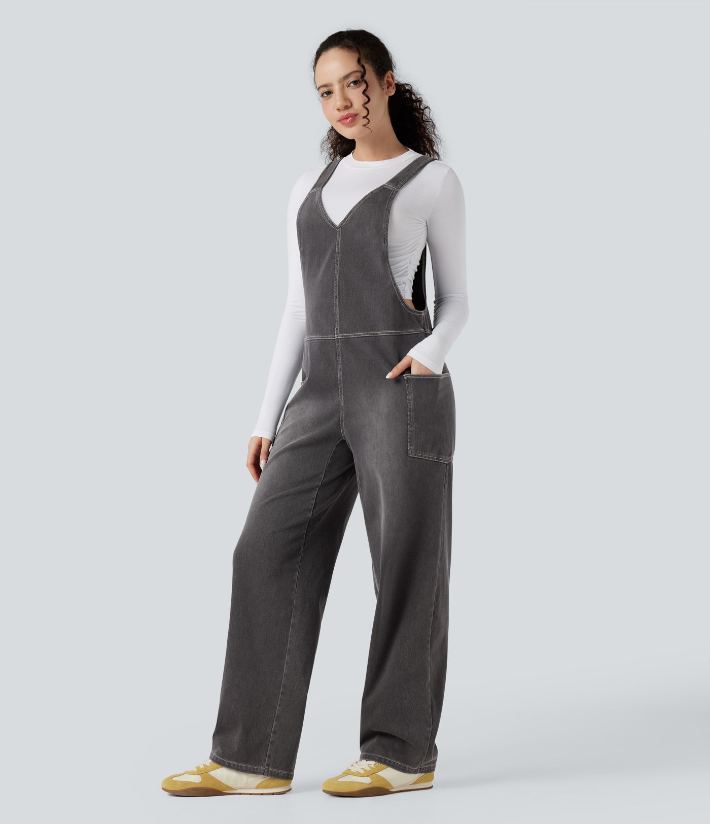 Halara Flex™ V Neck Pocket Washed Denim Casual Women Overalls