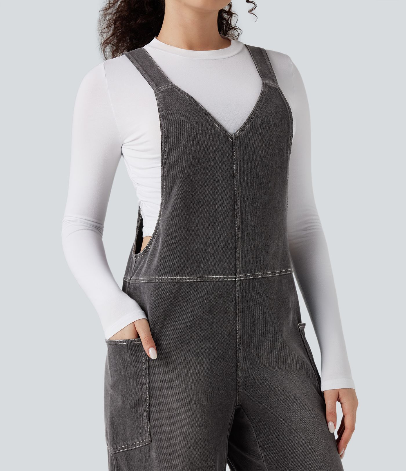 Halara Flex™ V Neck Pocket Washed Denim Casual Women Overalls