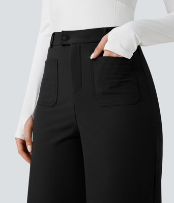 Durable Water Repellent Thermal High Waisted Hiking Wide Leg Pants with Pockets