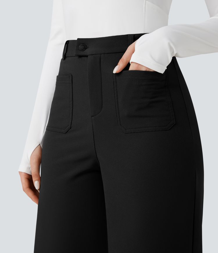 Durable Water Repellent Thermal High Waisted Hiking Wide Leg Pants with Pockets
