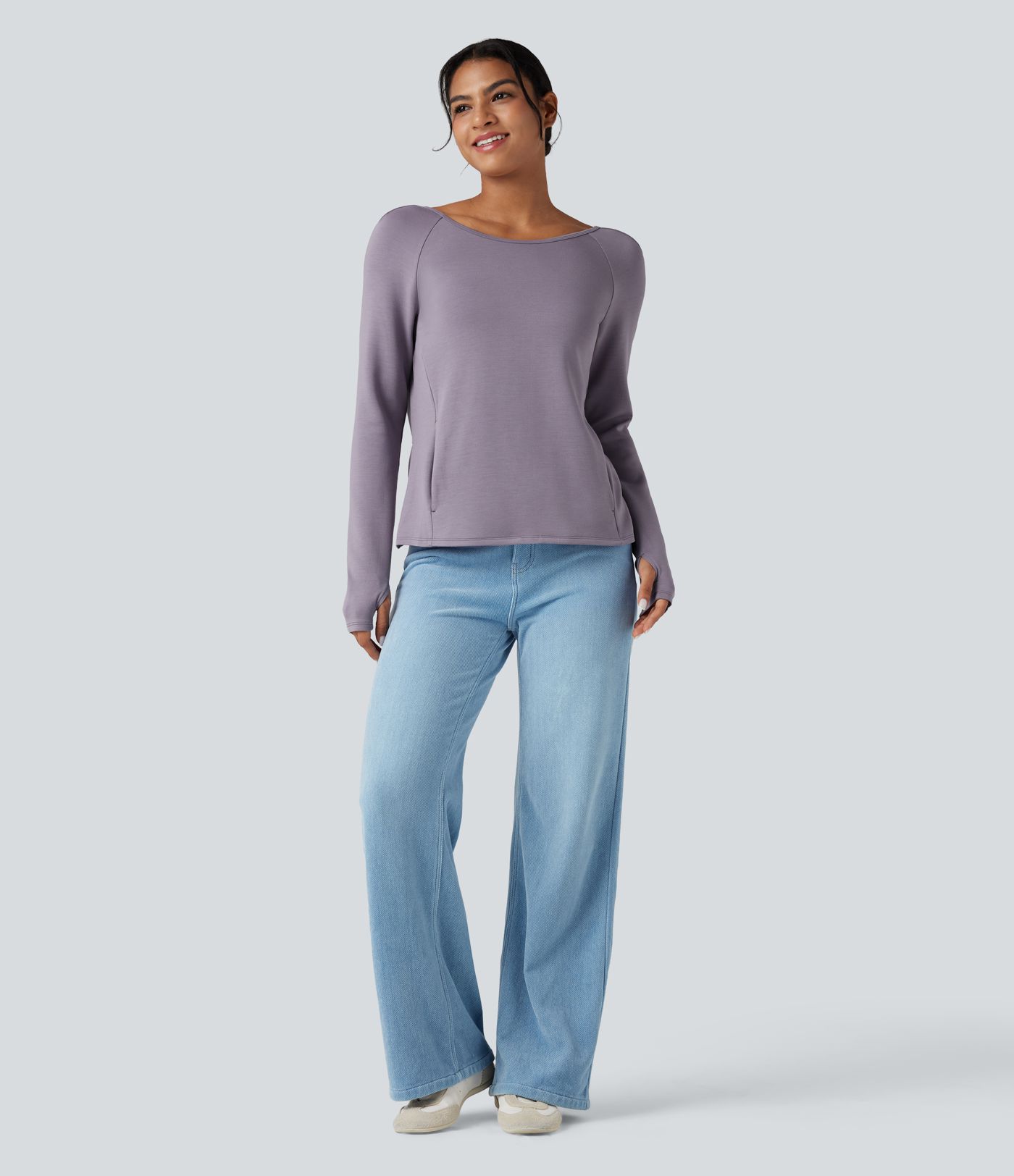 Sweat-shirt décontracté SpacerTek™ dos nu, manches longues avec trous pour les pouces, avec poches