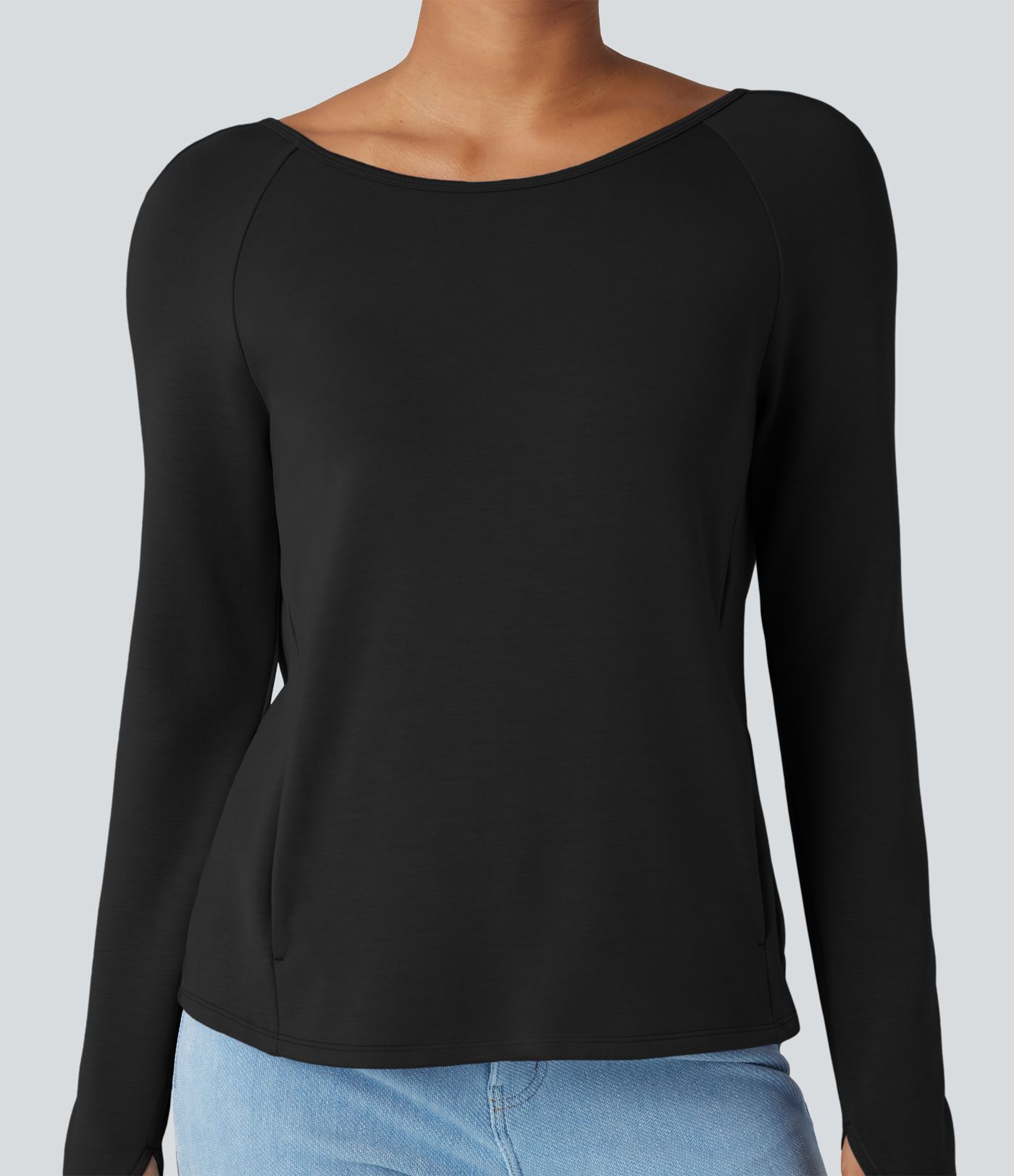SpacerTek™ Backless Twisted Long Sleeve Thumb Holes Casual Sweatshirt with Pockets