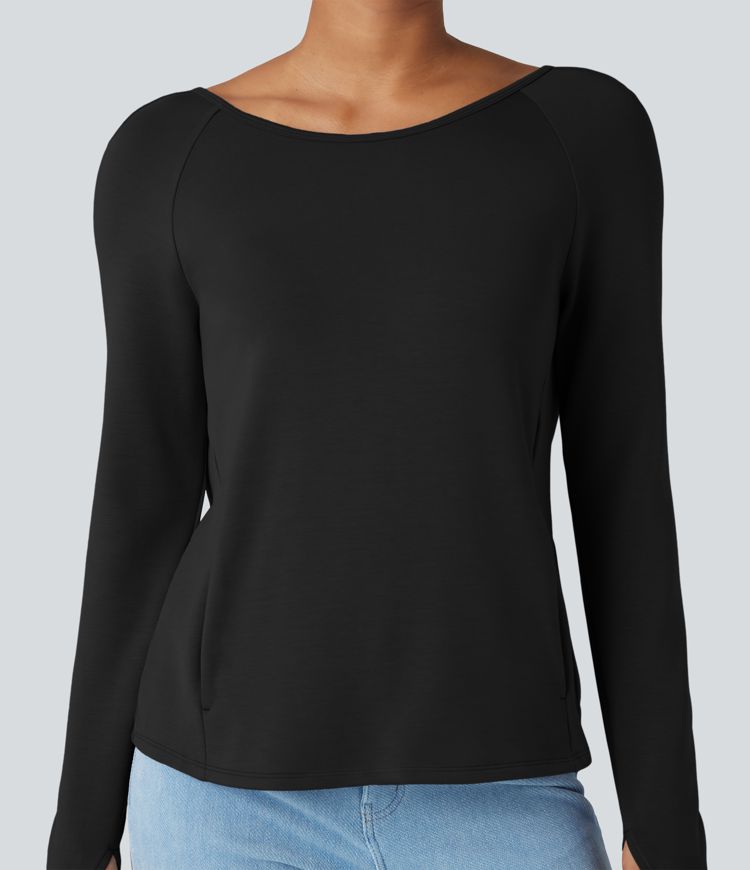 SpacerTek™ Backless Twisted Long Sleeve Thumb Holes Casual Sweatshirt with Pockets