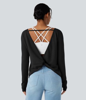 SpacerTek™ Backless Twisted Long Sleeve Thumb Holes Casual Sweatshirt with Pockets