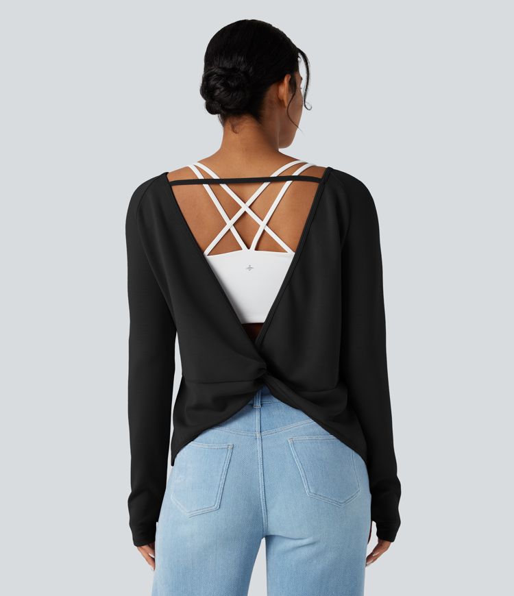 SpacerTek™ Backless Twisted Long Sleeve Thumb Holes Casual Sweatshirt with Pockets